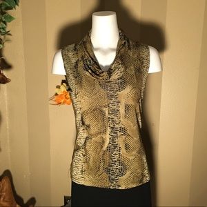 Sleeveless scoop-neck metallic olive green top.